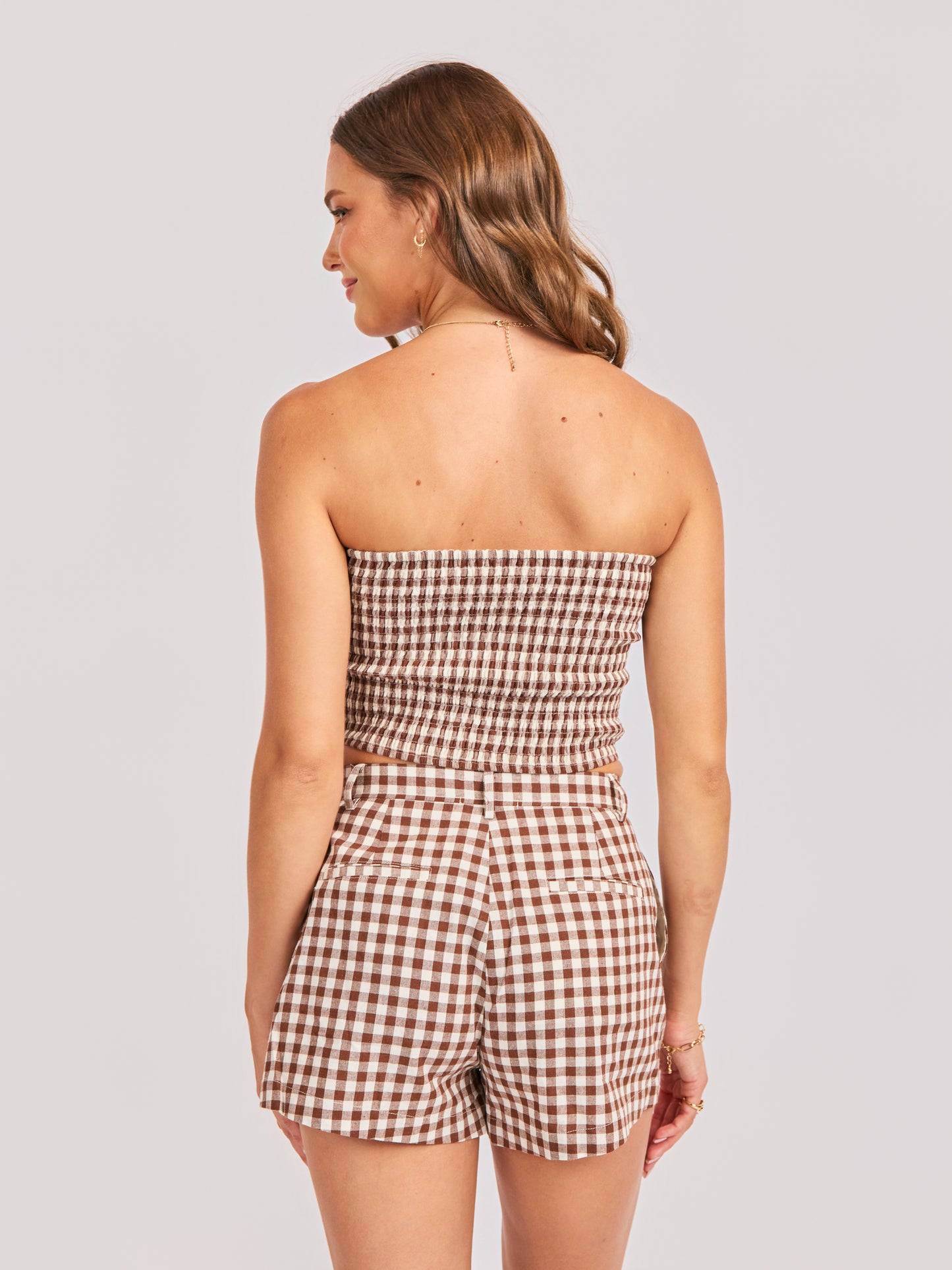 Mustang Gingham Tube Top in Brown - back crop view