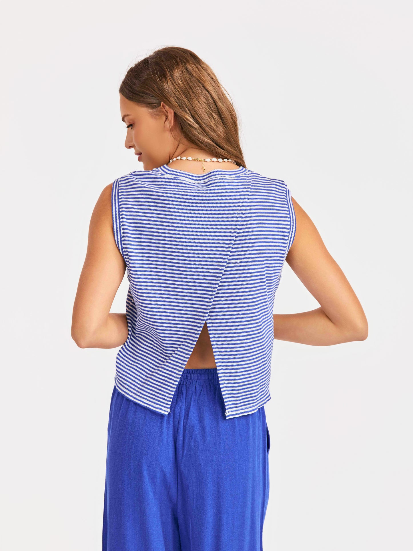 Palma Overlap Back Top in Blue White - back crop view