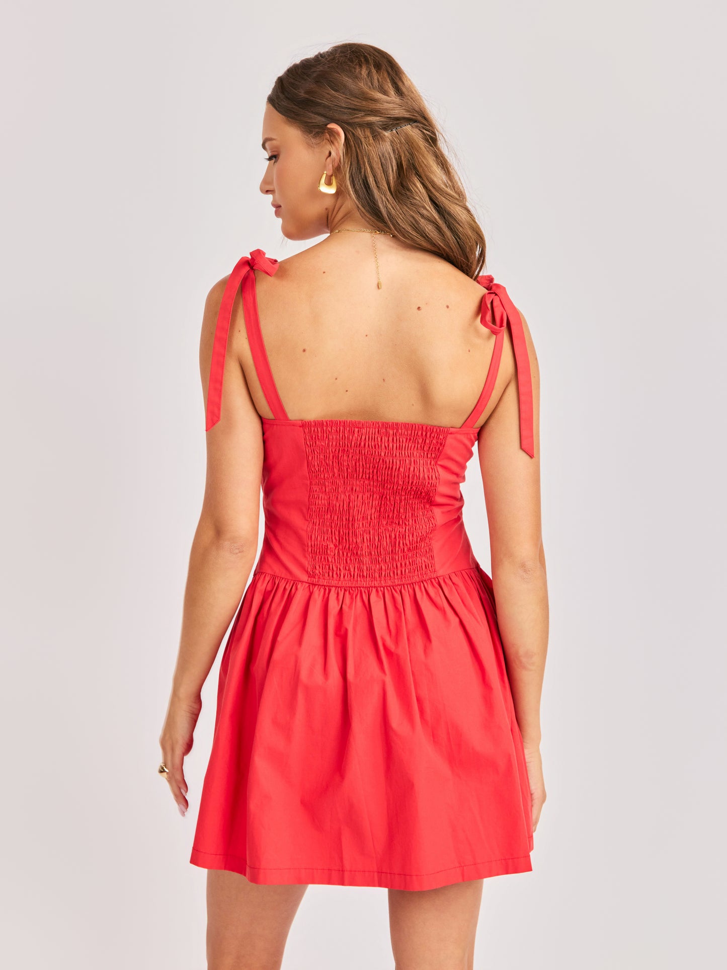 Canyon Pintuck Tie Mini Dress in Red - back crop view