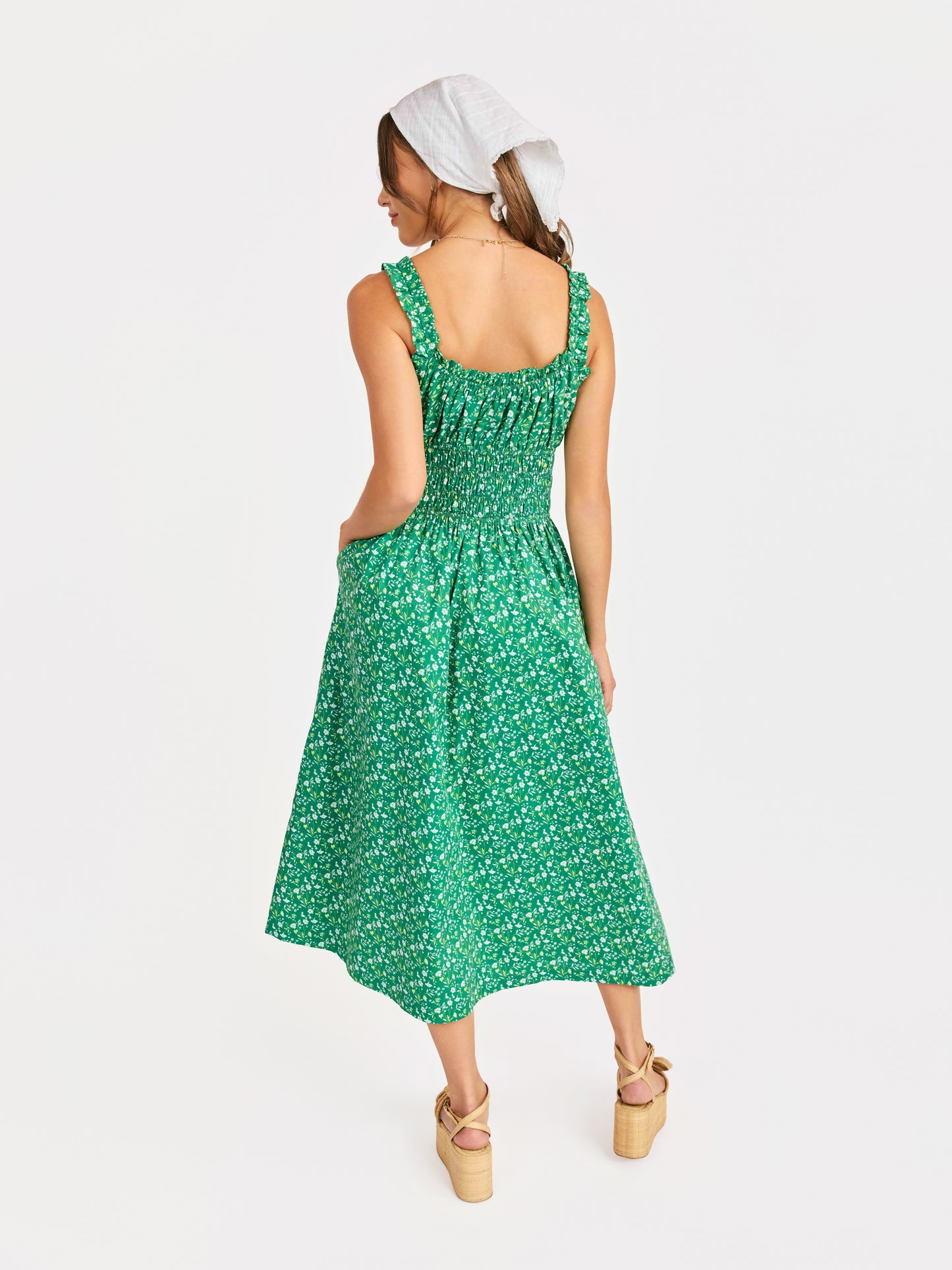 Sun Escape Shirred Waist Midi Dress in Kelly Green Multi - back crop view