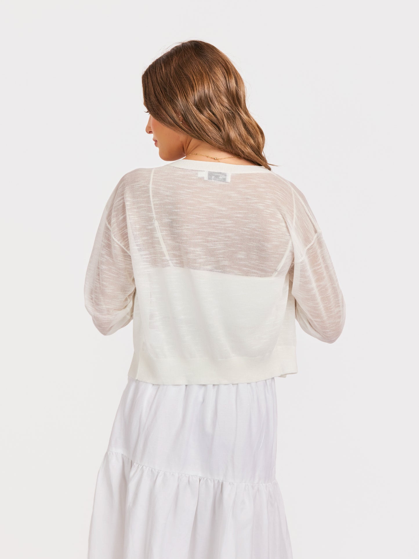 Evie Button Front Cardigan in White - back crop view