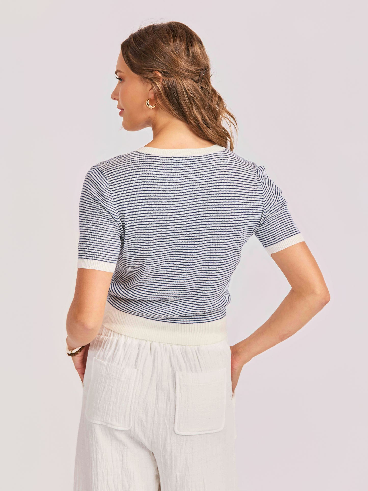 Mavi Stripe Cardigan in Ivory Navy - back crop view