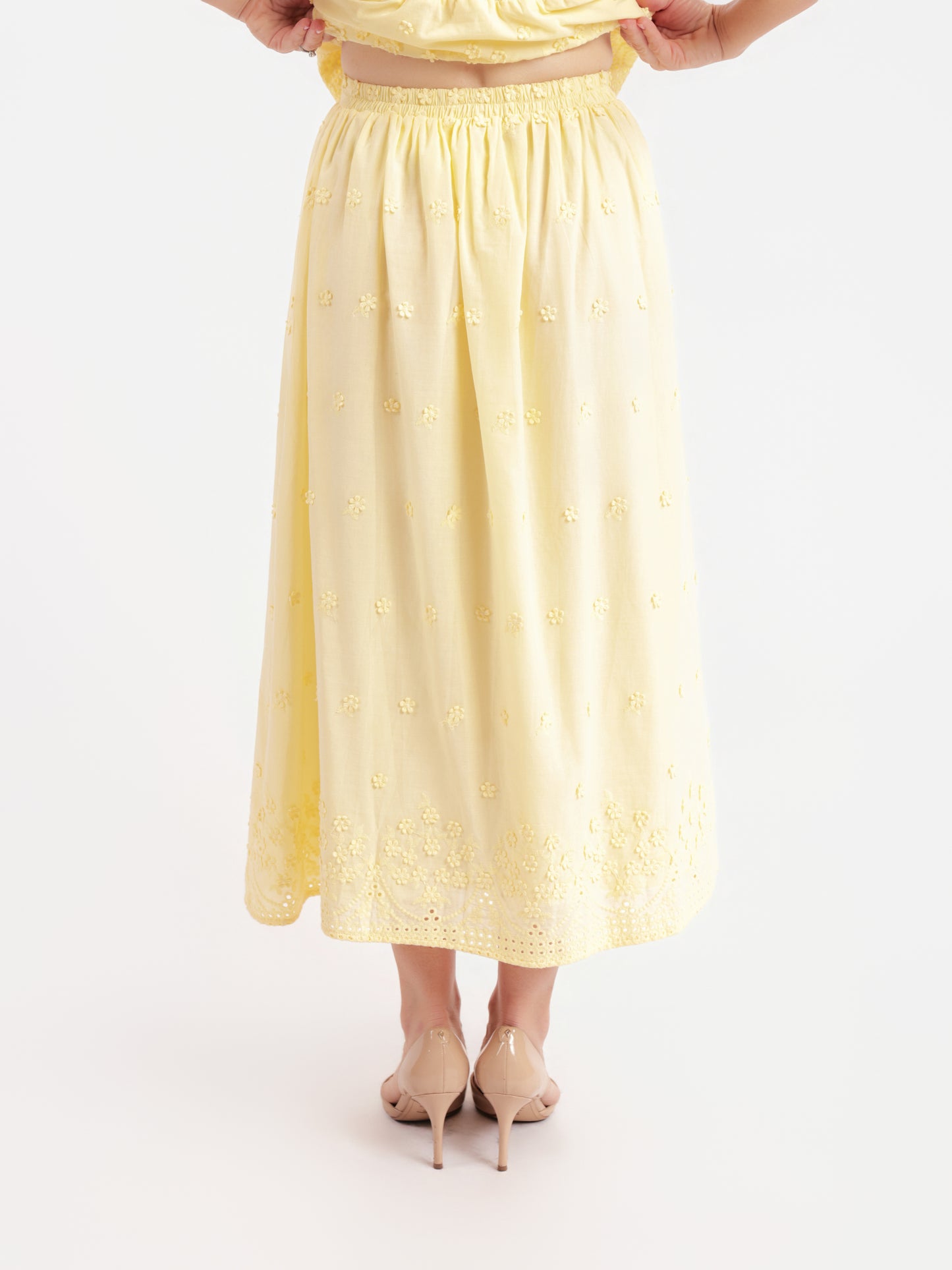 Beachglass Embroidered Maxi Skirt in Yellow - back crop view