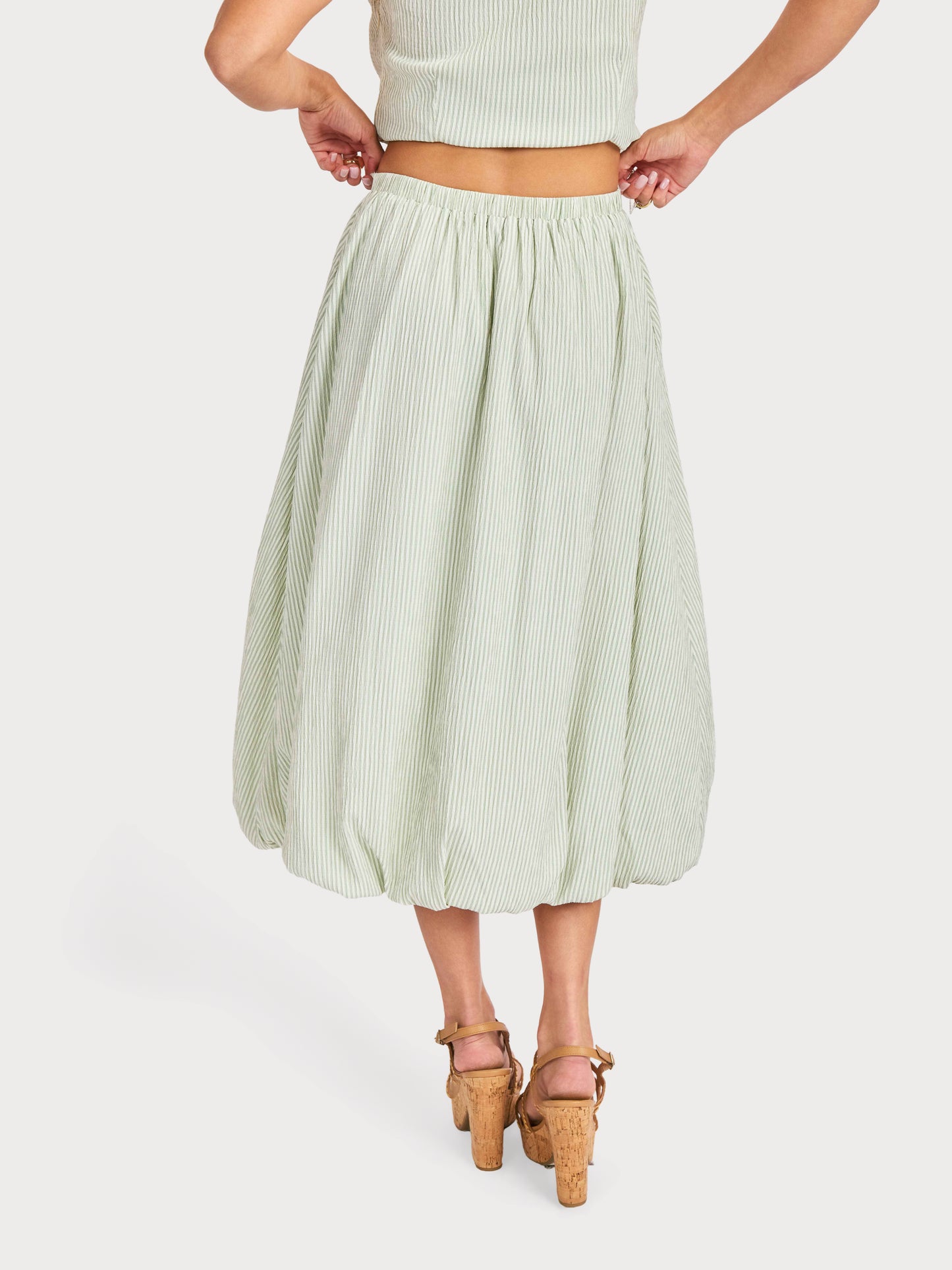 See Me Stripe Bubble Midi Skirt in Sage Cream - back crop view