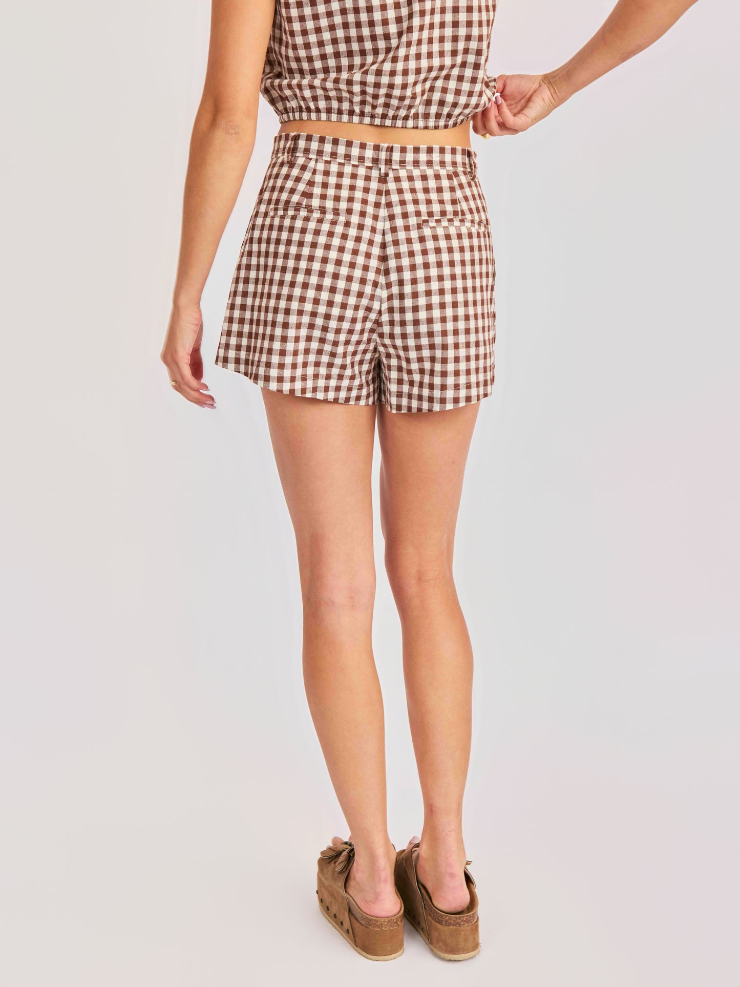 Mustang Gingham Shorts in Brown - back crop view