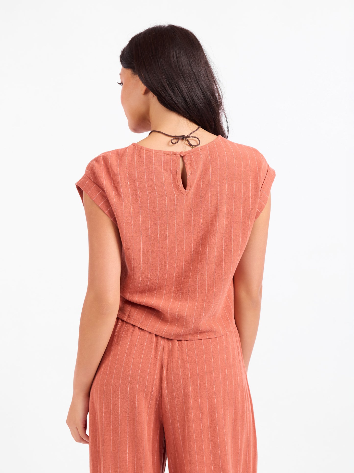 Sugarloaf Stripe Cuffed Top in Mahogany White - back crop view