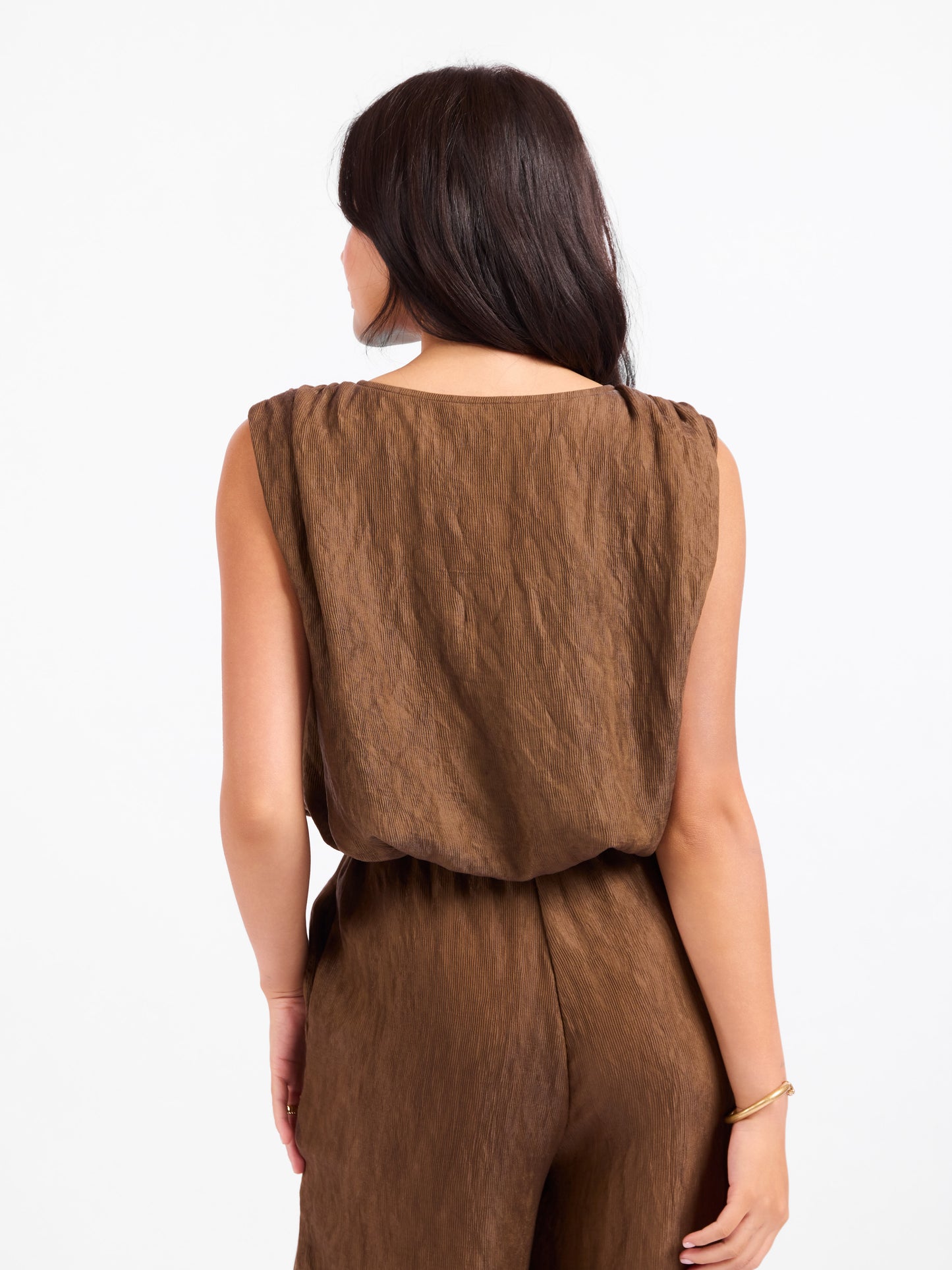 Sepia Sky Bubble Top in Bronze Olive - back crop view