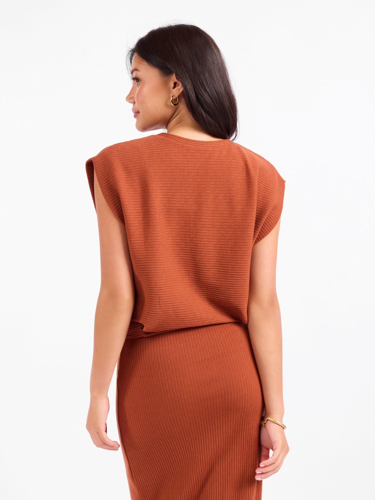 Soft Cedar Tapered Knit Top in Rust - back crop view