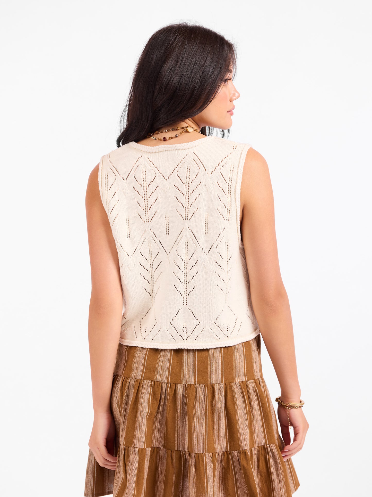 Junie Pointelle Sweater Vest in Ivory - back crop view