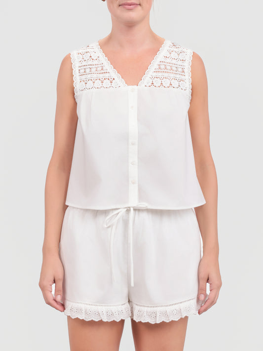 White Lowtide Lace Trim Sleeveless Top in White - front crop view