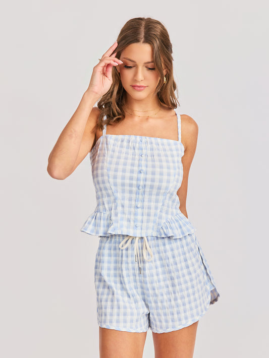 Starlet Gingham Top in Sky Blue - front crop view