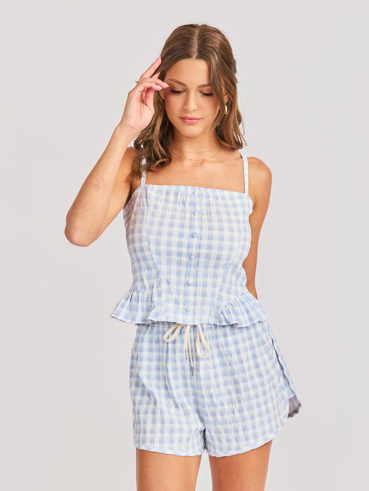 Starlet Gingham Top in Sky Blue - front crop view