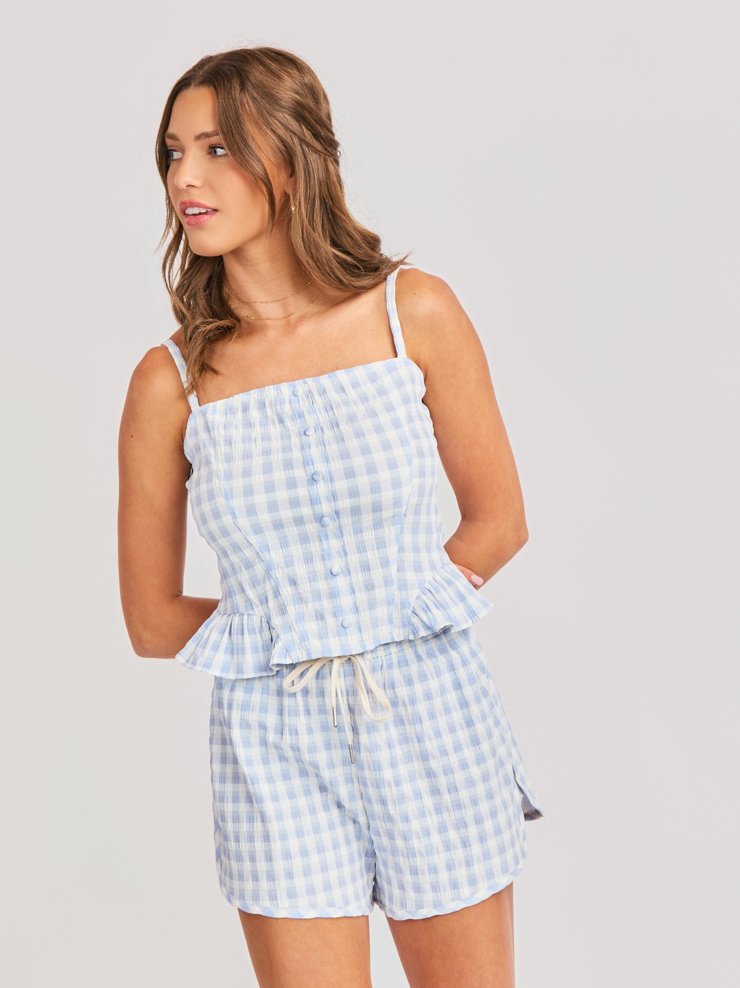 Starlet Gingham Top in Sky Blue - mood image