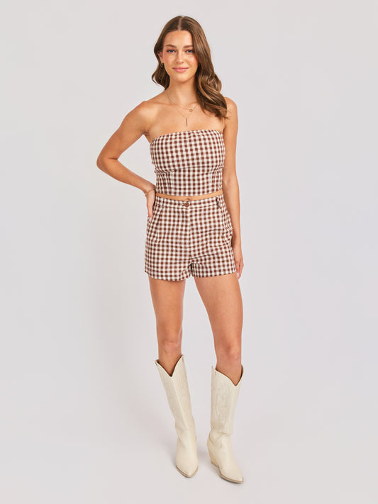 Mustang Gingham Tube Top in Brown - front view