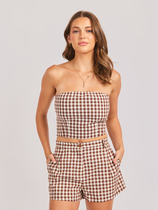 Mustang Gingham Tube Top in Brown - front crop view