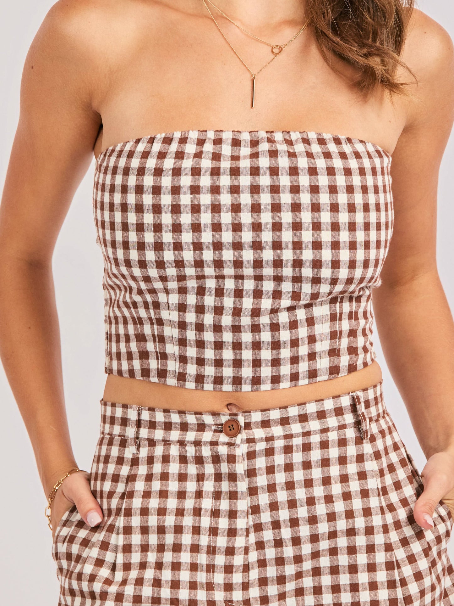 Mustang Gingham Tube Top in Brown - detail view