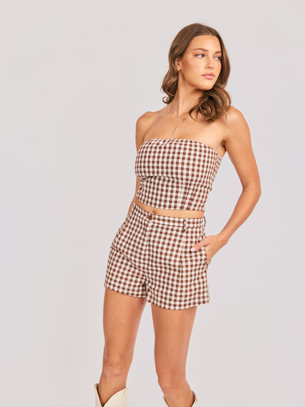 Mustang Gingham Tube Top in Brown - mood image