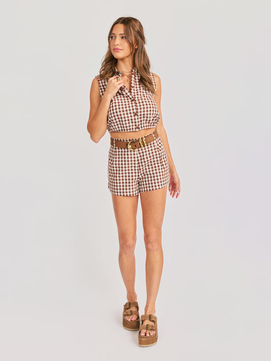 Mustang Gingham Sleeveless Top in Brown - front view