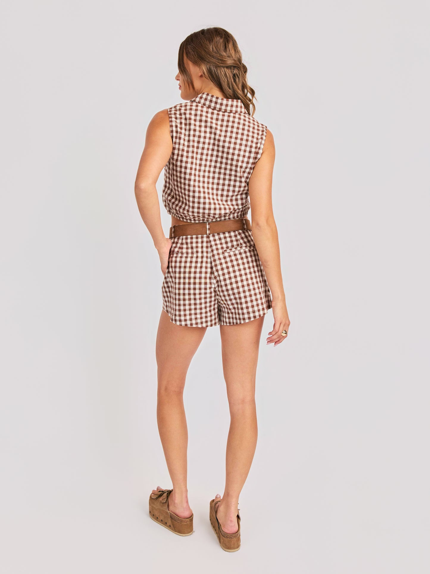 Mustang Gingham Sleeveless Top in Brown - back view