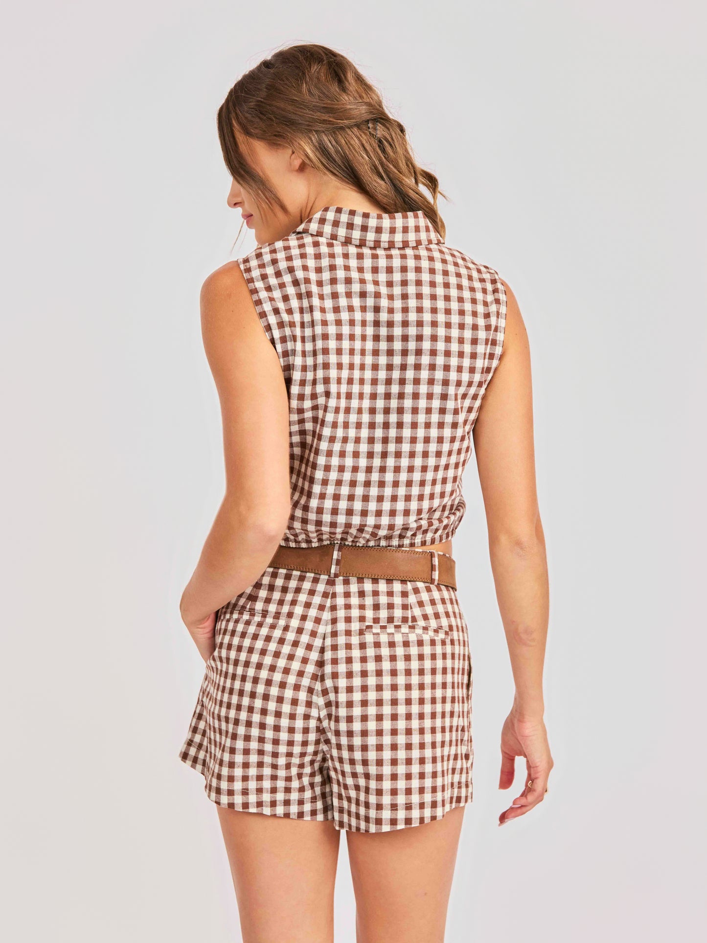 Mustang Gingham Sleeveless Top in Brown - back crop view