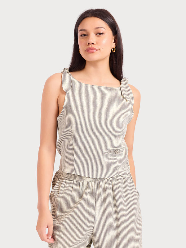See Me Stripe Pleated Top in Black Cream - front crop view