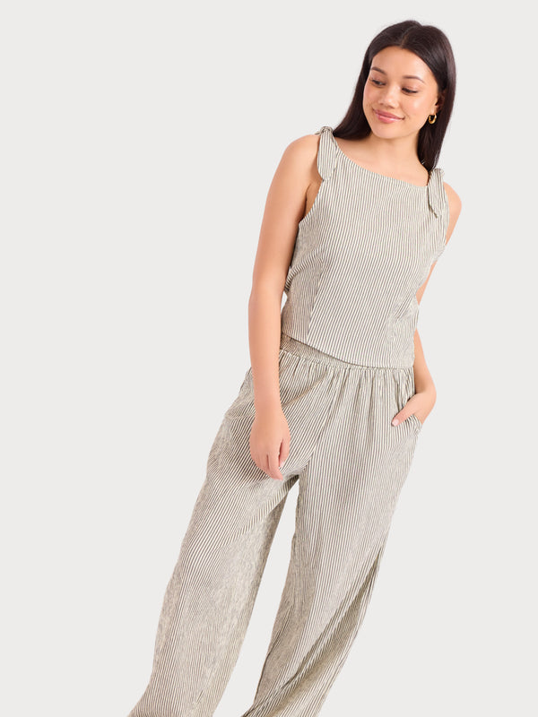 See Me Stripe Pleated Top in Black Cream - mood image