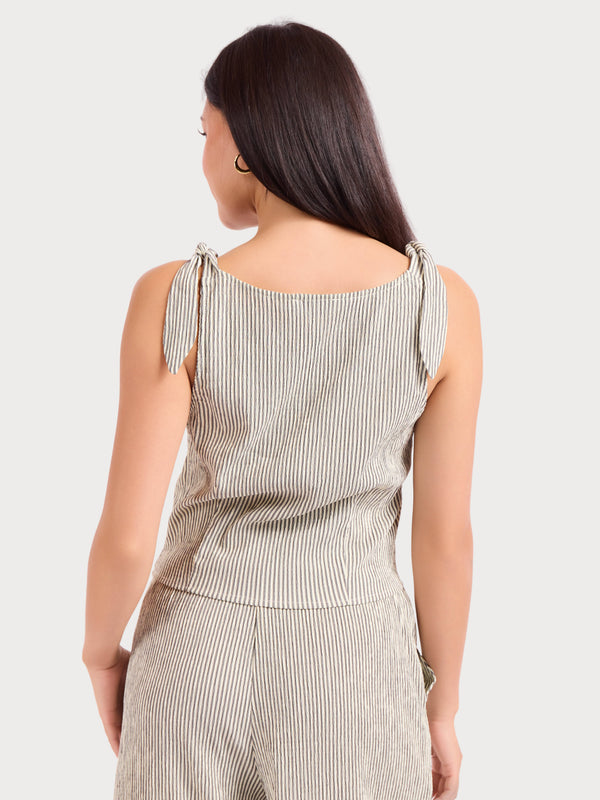 See Me Stripe Pleated Top in Black Cream - back crop view