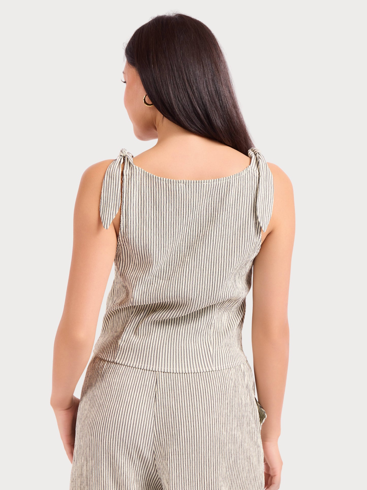 See Me Stripe Pleated Top in Black Cream - back crop view