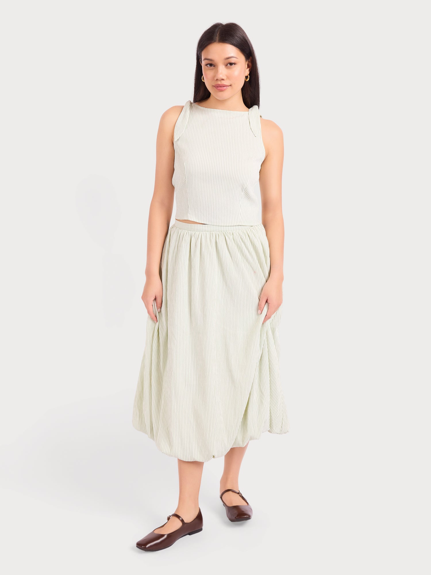 See Me Stripe Pleated Top in Sage Cream - front view