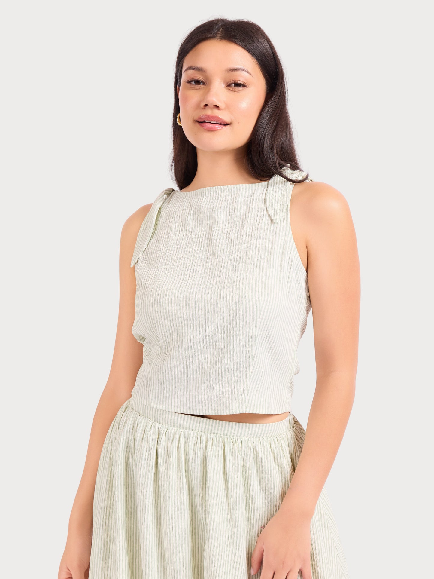 See Me Stripe Pleated Top in Sage Cream - front crop view