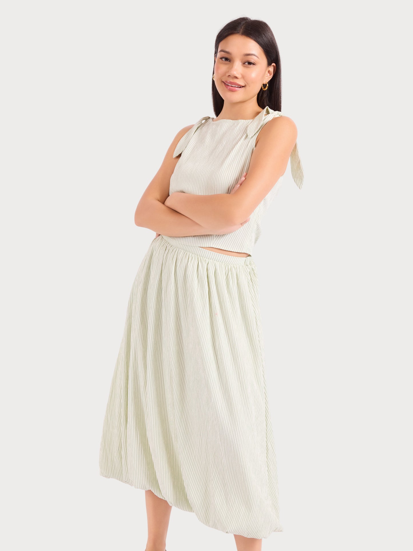 See Me Stripe Pleated Top in Sage Cream - mood image