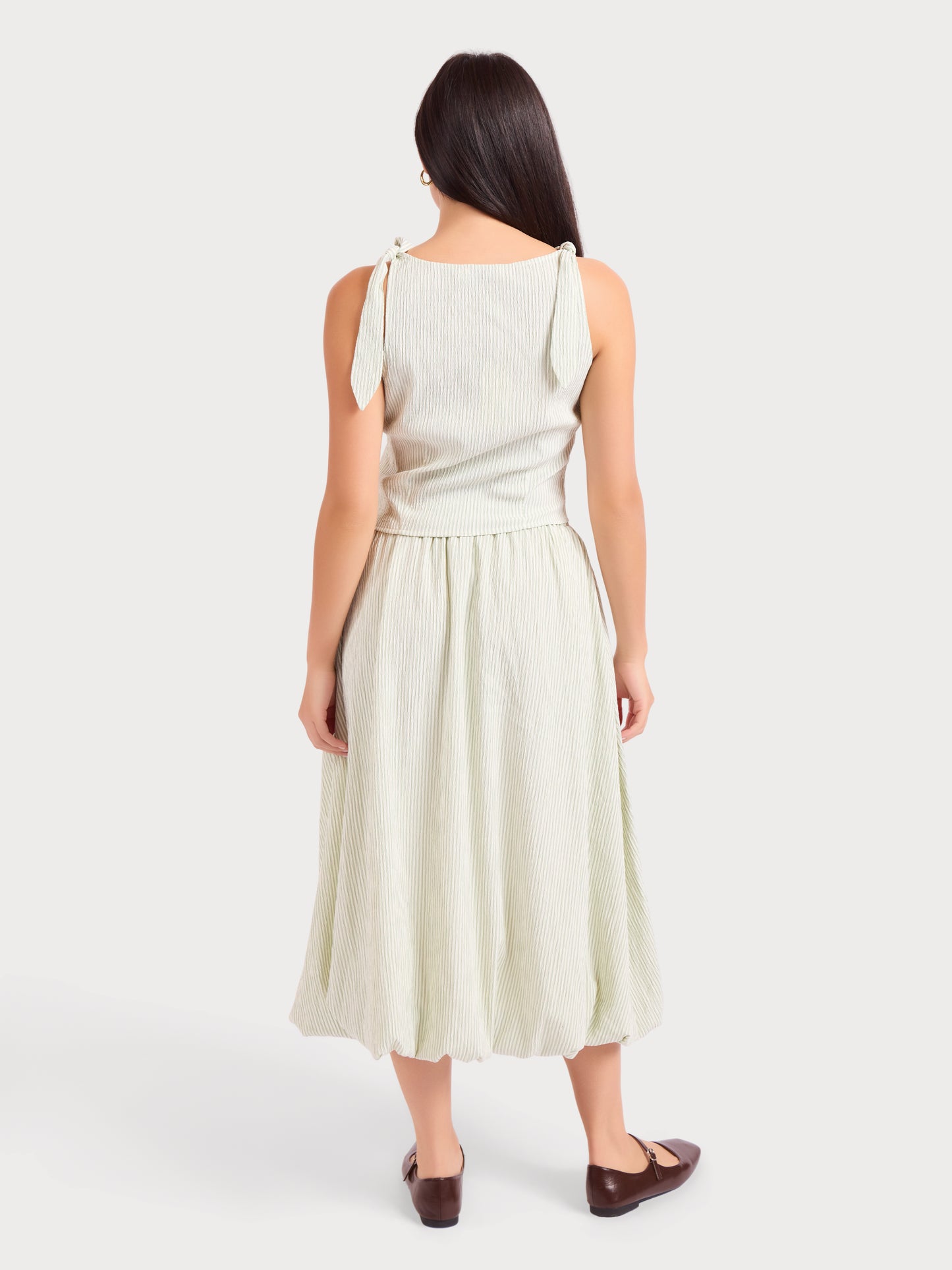 See Me Stripe Pleated Top in Sage Cream - back view