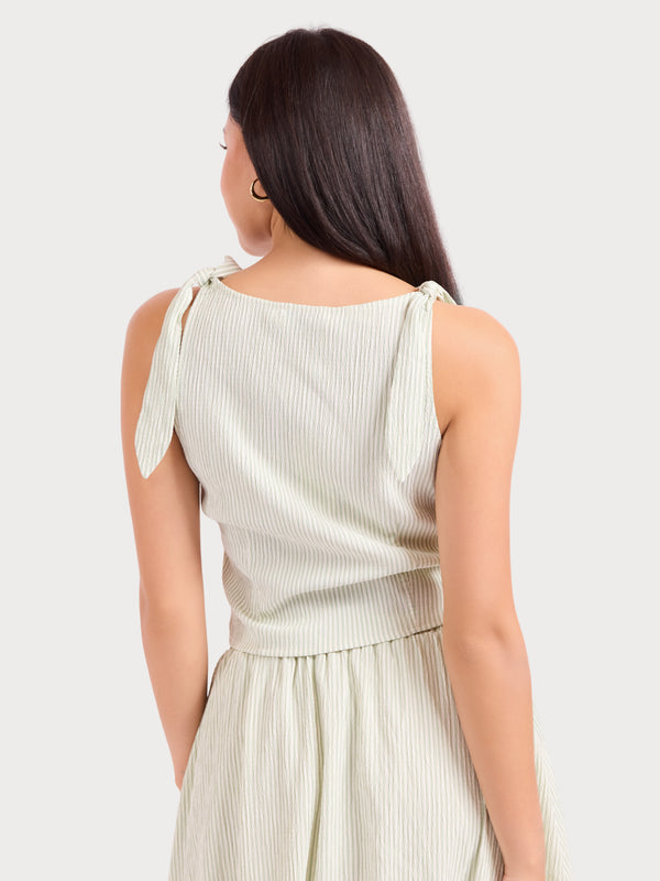 See Me Stripe Pleated Top in Sage Cream - back crop view