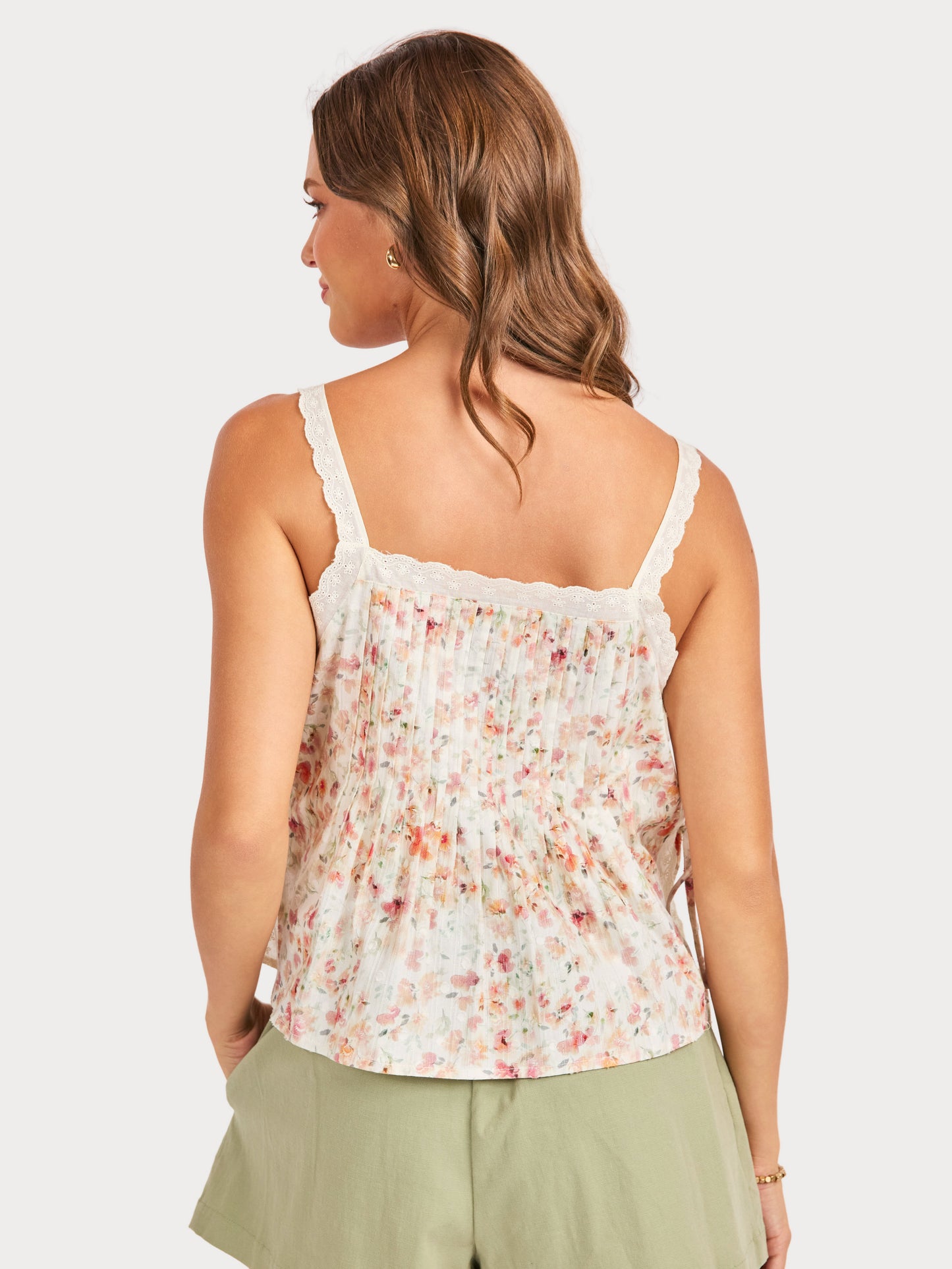 Rosita Pintuck Lace Trim Top in Cream Multi - back crop view
