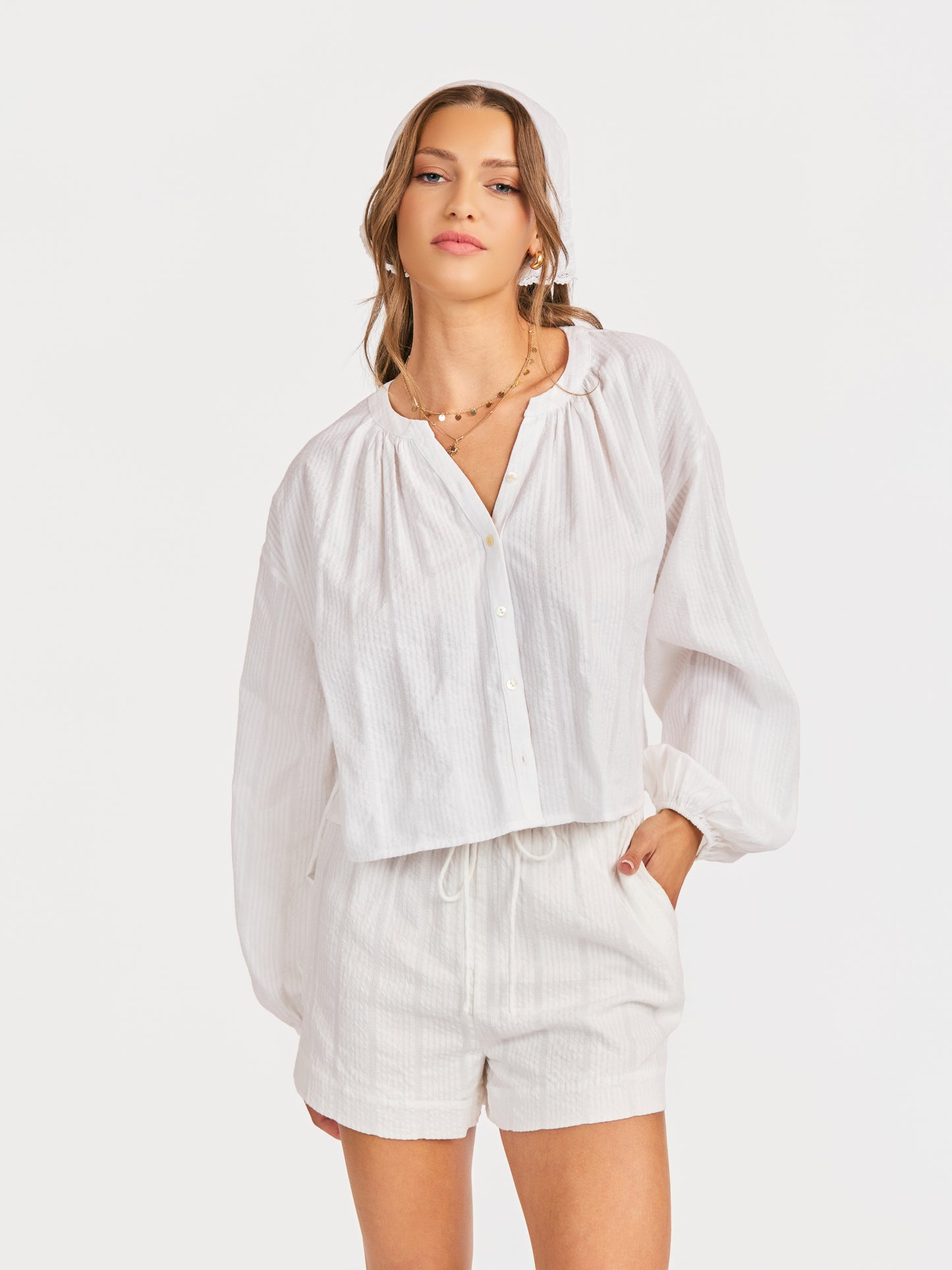Radiate Volume Blouse in White - front crop view