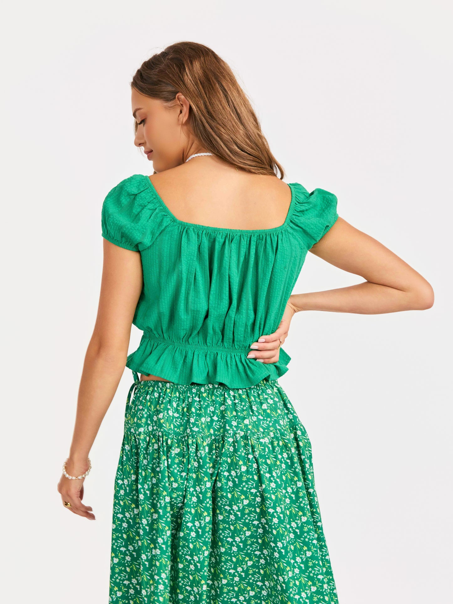 Radiate Cap Sleeved Top in Green - back crop view