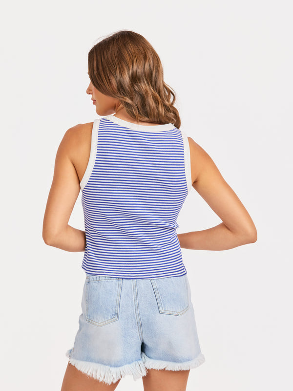 Palma Knit Tank in Blue White - back crop view