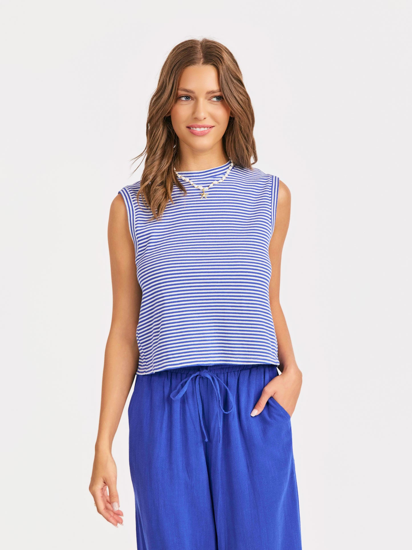 Palma Overlap Back Top in Blue White - front crop view