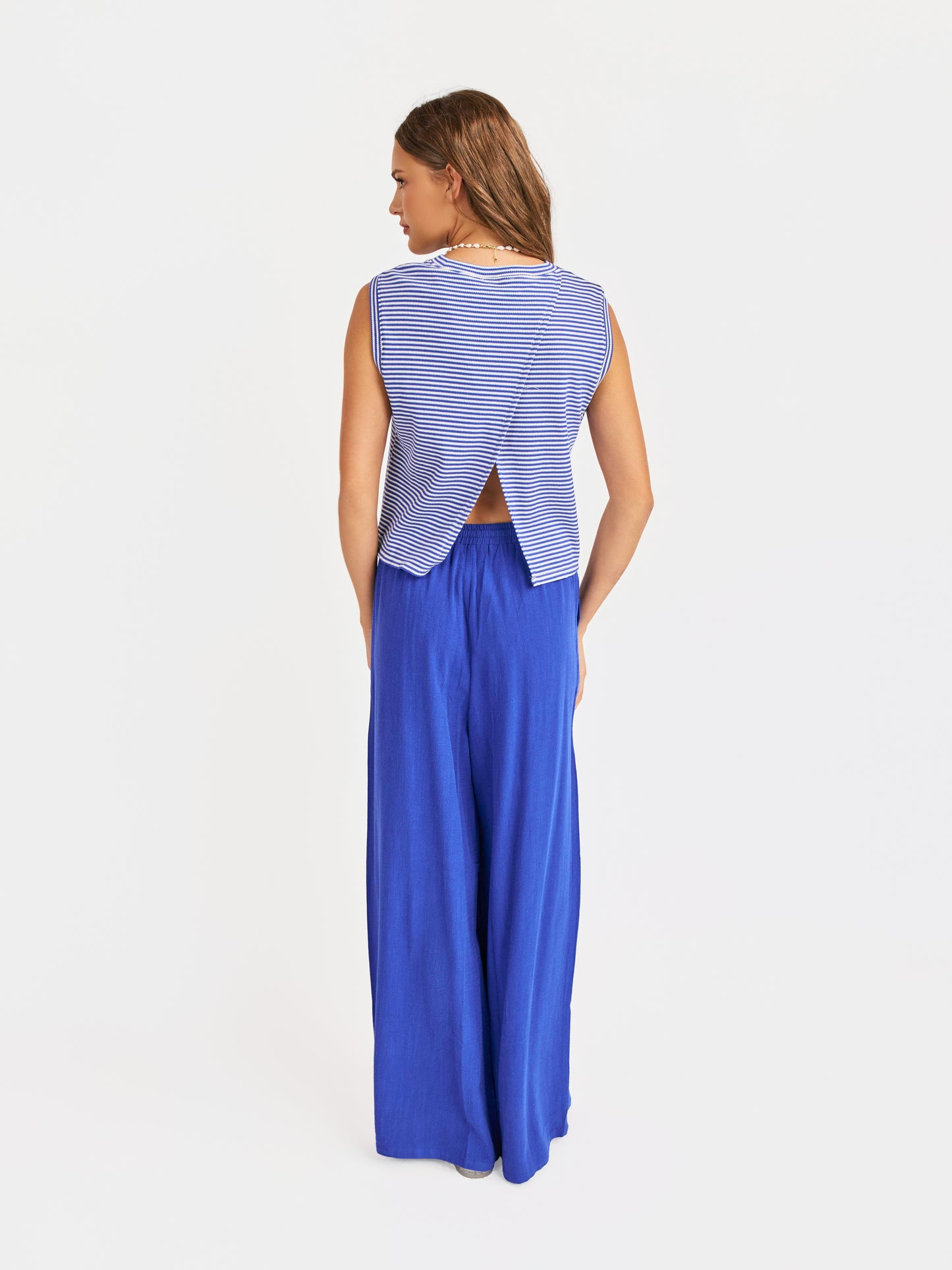 Palma Overlap Back Top in Blue White - back view