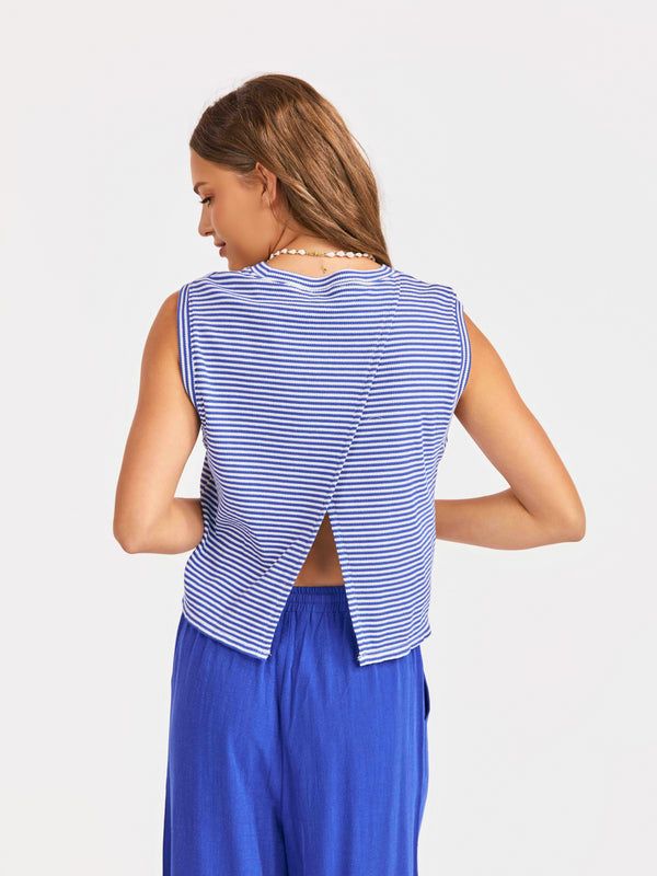 Palma Overlap Back Top in Blue White - back crop view