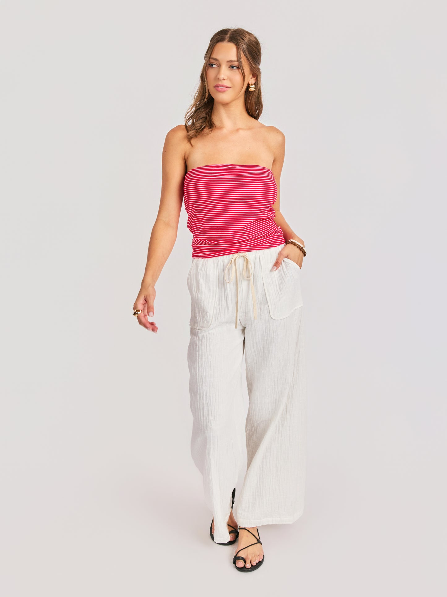 Jukebox Knit Tube Top in Red White - front view