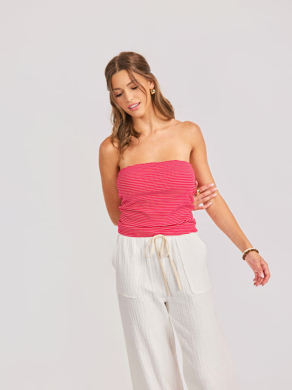 Jukebox Knit Tube Top in Red White - mood image