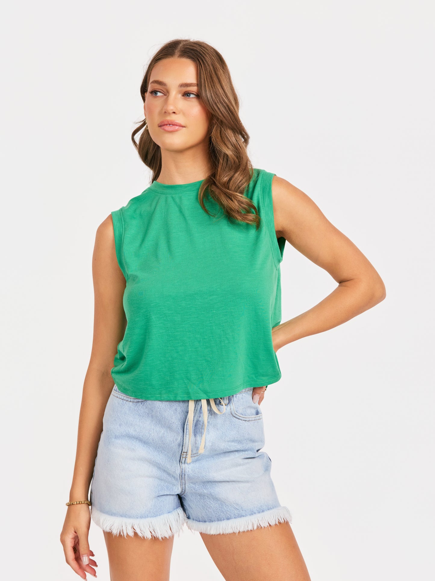 Roamer Overlap Back Top in Kelly Green - front crop view