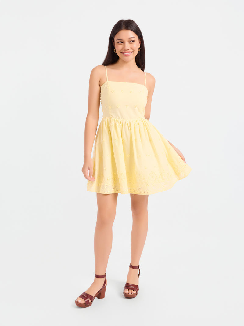 Beachglass Embroidered Mini Dress in Yellow - front view