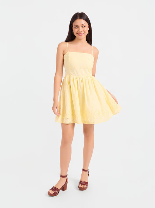 Beachglass Embroidered Mini Dress in Yellow - front view