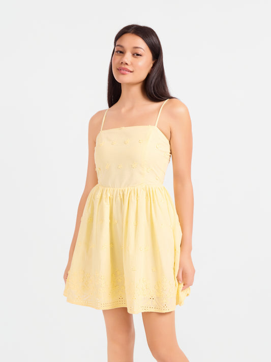 Beachglass Embroidered Mini Dress in Yellow - front crop view