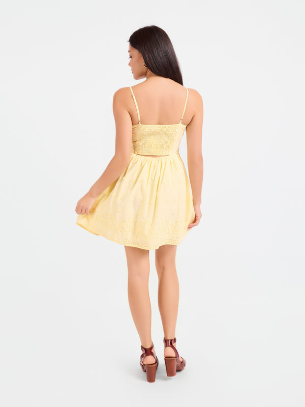 Beachglass Embroidered Mini Dress in Yellow - back view