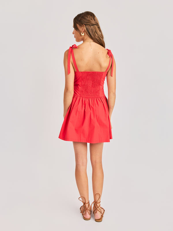 Canyon Pintuck Tie Mini Dress in Red - back view