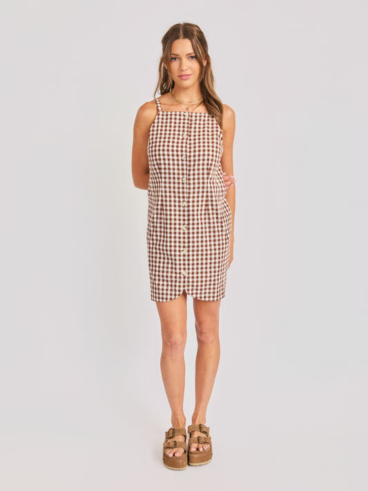 Mustang Gingham Buttoned Mini Dress in Brown - front view