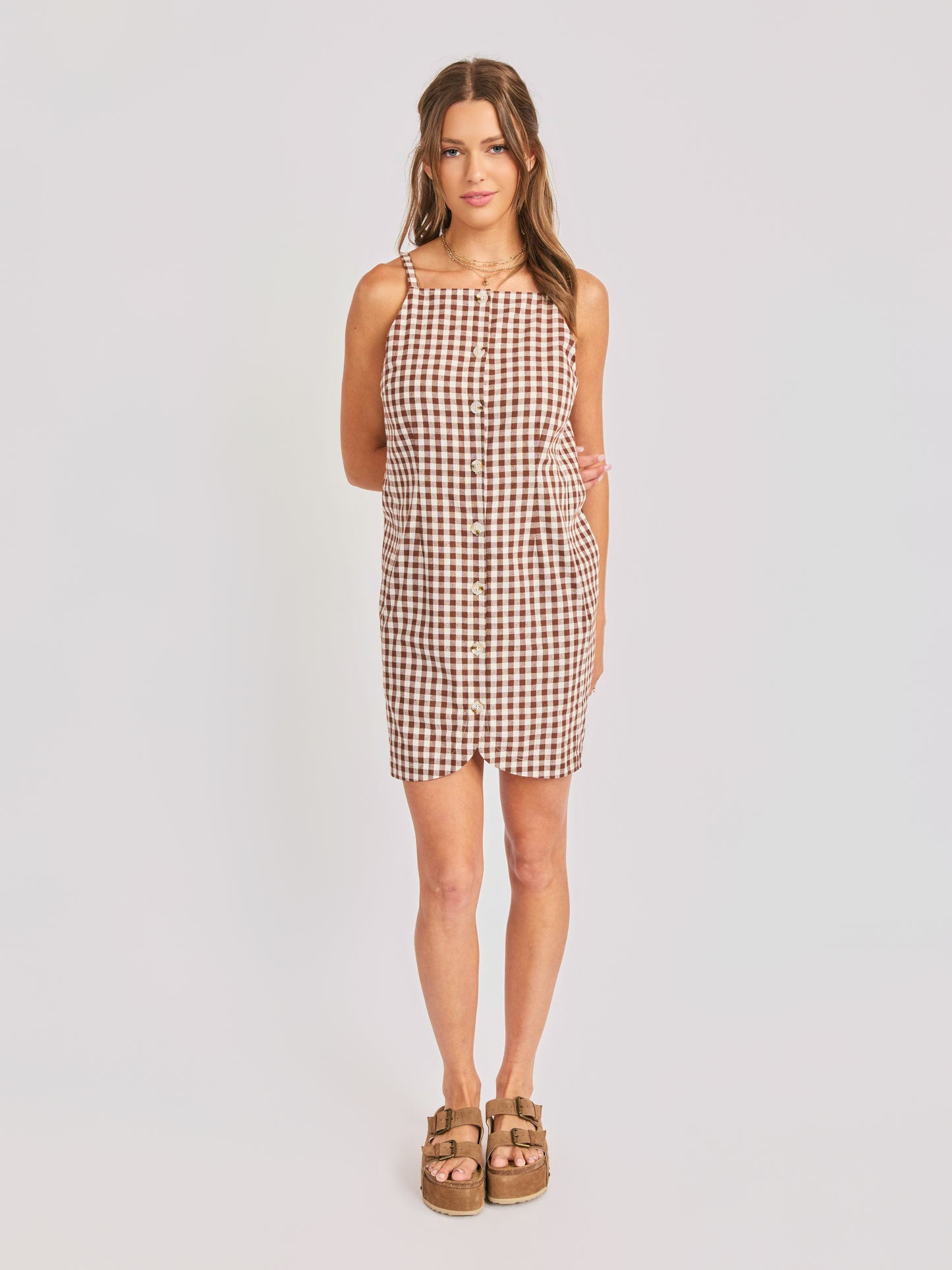 Mustang Gingham Buttoned Mini Dress in Brown - front view